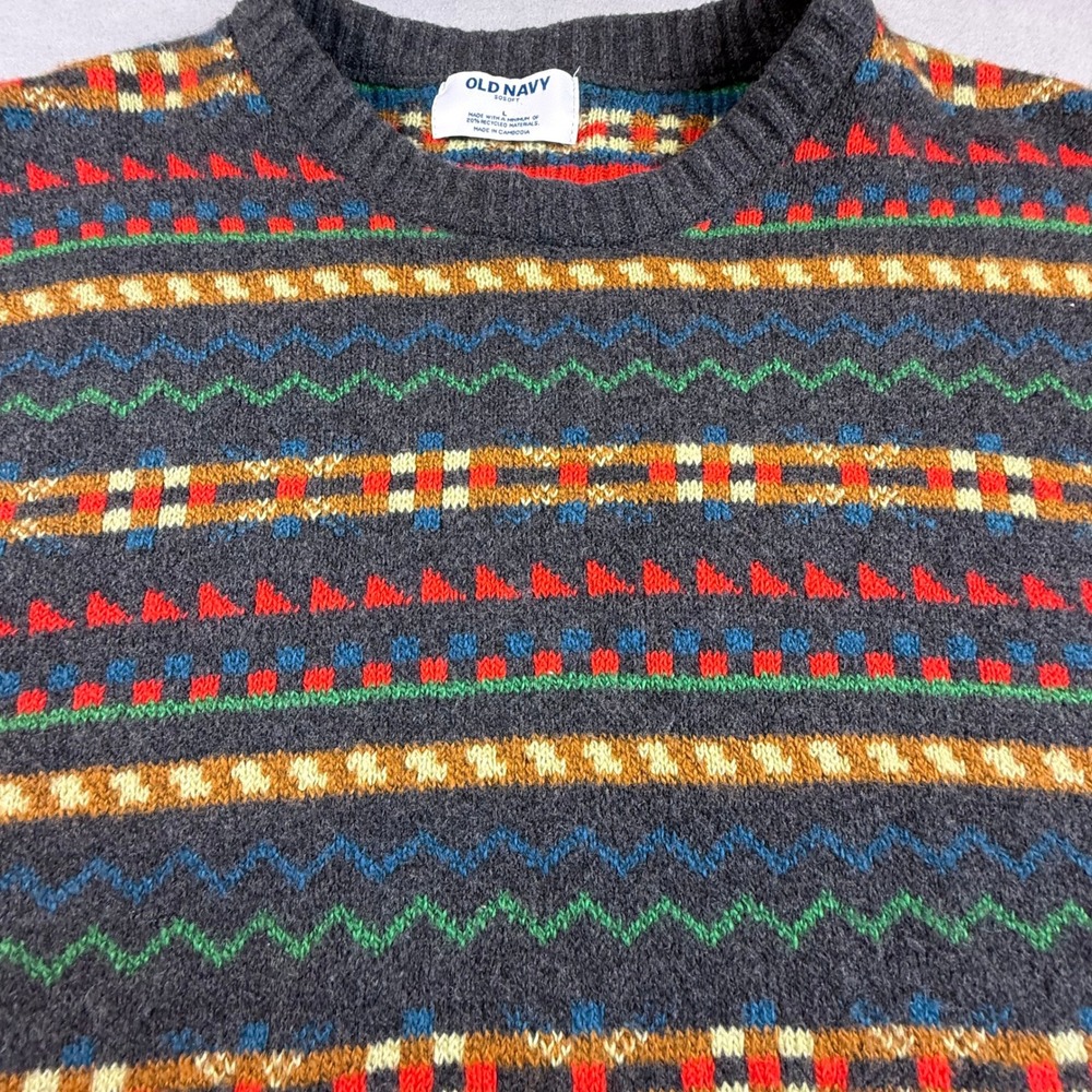 Old Navy SoSoft Mens Large Fair Isle Crewneck Sweater Gray Multicolor Geometric